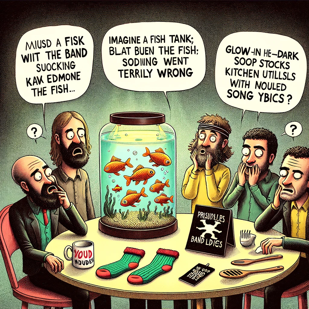 A whimsical mock-up showcasing bizarre band merchandise ideas that went terribly wrong. Imagine a fish tank with the band's logo swimming among the fish, glow-in-the-dark socks that flash the band's name with each step, and a set of kitchen utensils absurdly branded with song lyrics. The band members are depicted with a mixture of confusion and horror as they examine these odd products, questioning their marketing strategy. This scene humorously highlights the sometimes misguided attempts at band branding, capturing the moment of realization that not all ideas are good ideas when it comes to merchandise.