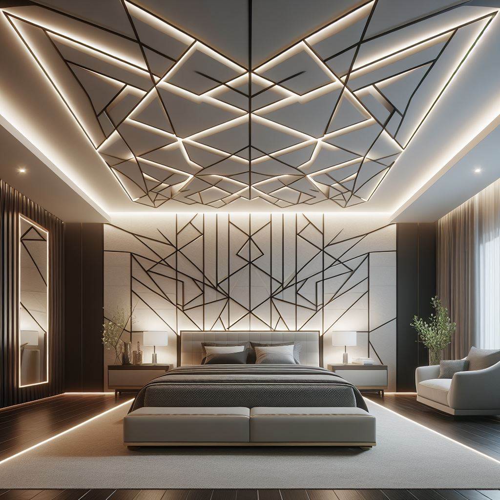 A contemporary master bedroom with a geometric tray ceiling that features bold, angular patterns creating a dynamic visual effect. The ceiling should be accentuated with color-changing LED strip lighting to highlight the geometric design. The room should include a sleek, low-profile king-sized bed, modern furniture with clean lines, and a neutral color scheme with bold accents through artwork and textiles.