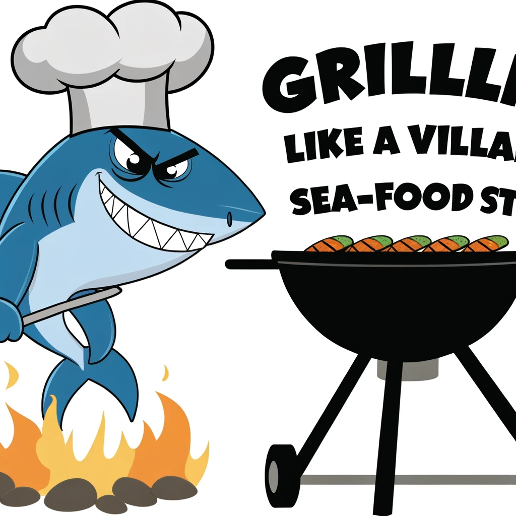 A cartoon shark in a chef's hat and apron grilling on a barbecue with the caption 'Grillin' like a villain, sea-food style!'