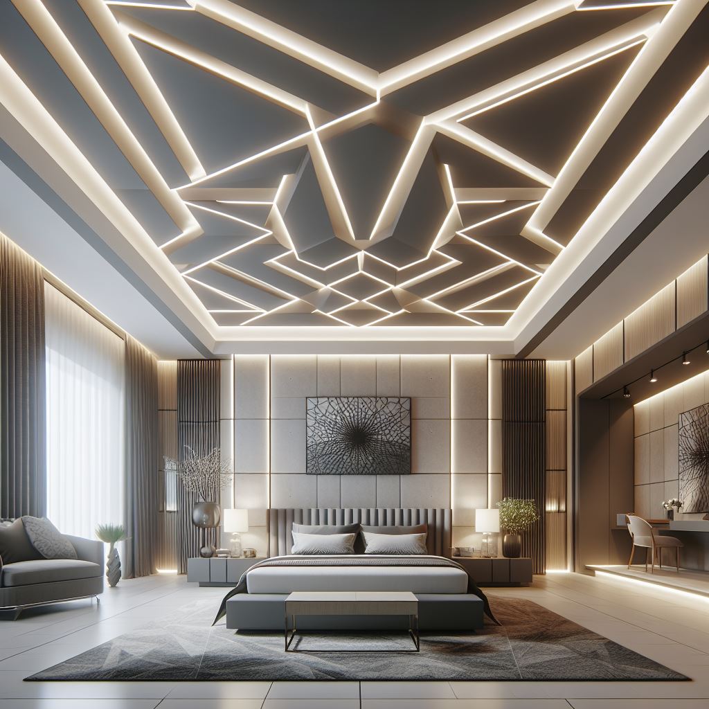A contemporary master bedroom with a geometric tray ceiling that features bold, angular patterns creating a dynamic visual effect. The ceiling should be accentuated with color-changing LED strip lighting to highlight the geometric design. The room should include a sleek, low-profile king-sized bed, modern furniture with clean lines, and a neutral color scheme with bold accents through artwork and textiles.