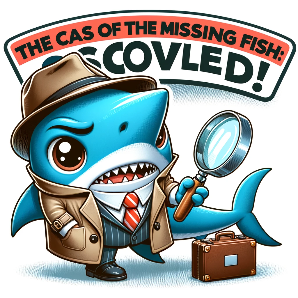 A cartoon shark dressed as a detective with a magnifying glass, saying 'The case of the missing fish: solved!'