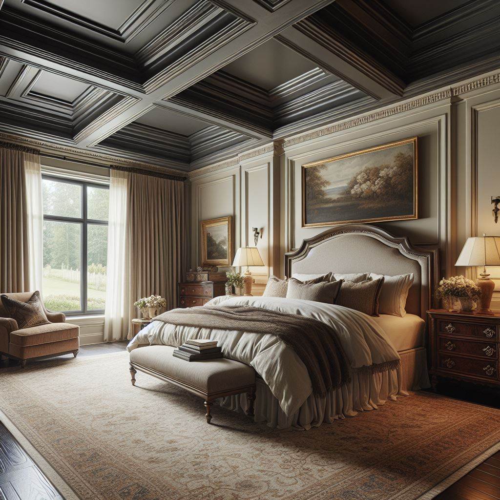 A traditional master bedroom with a deep, coffered tray ceiling that adds architectural interest and depth to the room. The ceiling should be painted in a rich, dark hue to contrast with the light-colored walls, and include detailed crown molding around the edges. The room should feature a classic, upholstered king-sized bed, a vintage area rug, and heirloom-quality wooden furniture for a timeless elegance.