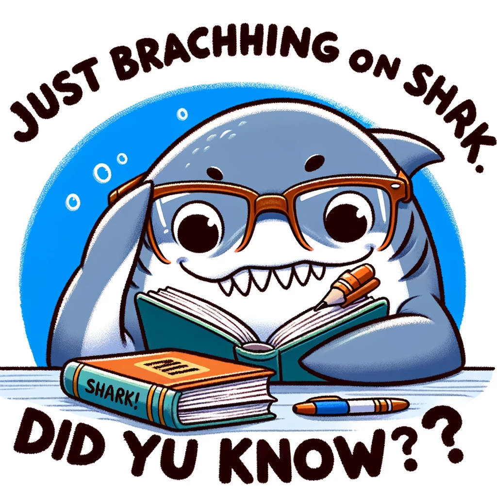 A cartoon shark studying books with glasses on, captioned 'Just brushing up on my shark facts. Did you know...?'