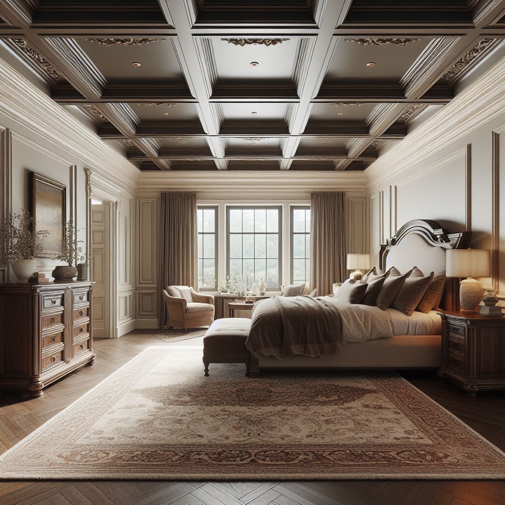 A traditional master bedroom with a deep, coffered tray ceiling that adds architectural interest and depth to the room. The ceiling should be painted in a rich, dark hue to contrast with the light-colored walls, and include detailed crown molding around the edges. The room should feature a classic, upholstered king-sized bed, a vintage area rug, and heirloom-quality wooden furniture for a timeless elegance.