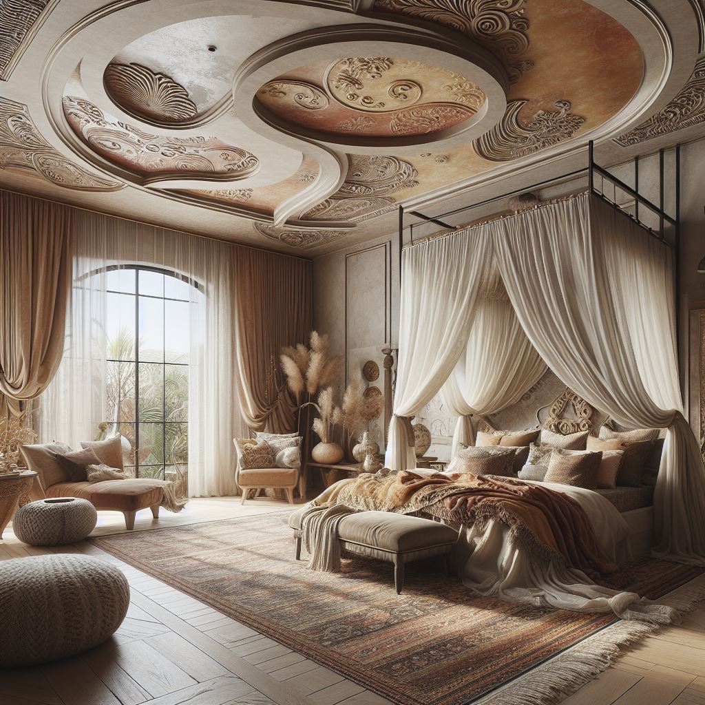 A bohemian master bedroom with a uniquely shaped tray ceiling that incorporates curves and asymmetrical lines, reflecting a free-spirited aesthetic. The ceiling should have a textured finish, like Venetian plaster, in warm, earthy tones. Include a canopy bed draped with sheer, flowing fabrics, eclectic furniture, and a mix of patterns and textures in the bedding and rugs to complete the boho vibe.