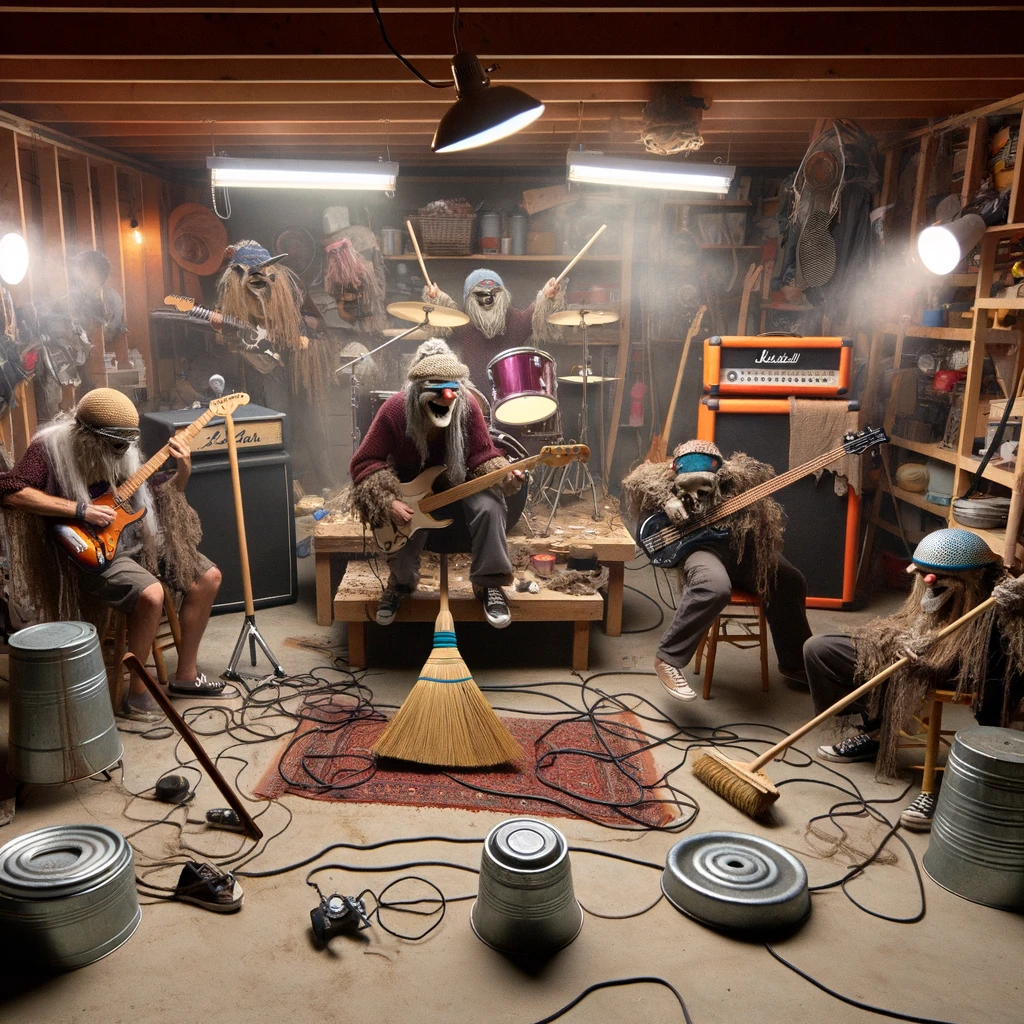 A humorous parody of a band's first low-budget music video, depicted in a comically cramped garage or backyard setting. The band performs with over-the-top enthusiasm, using makeshift props and costumes sourced from an attic, including broom guitars and pot helmets. The scene is filled with exaggerated special effects made from household items, like a fog machine from a kettle and lighting from string lights. This image captures the DIY spirit and creative improvisation of a band's early attempts at making a music video, showcasing their passion and dedication despite limited resources.