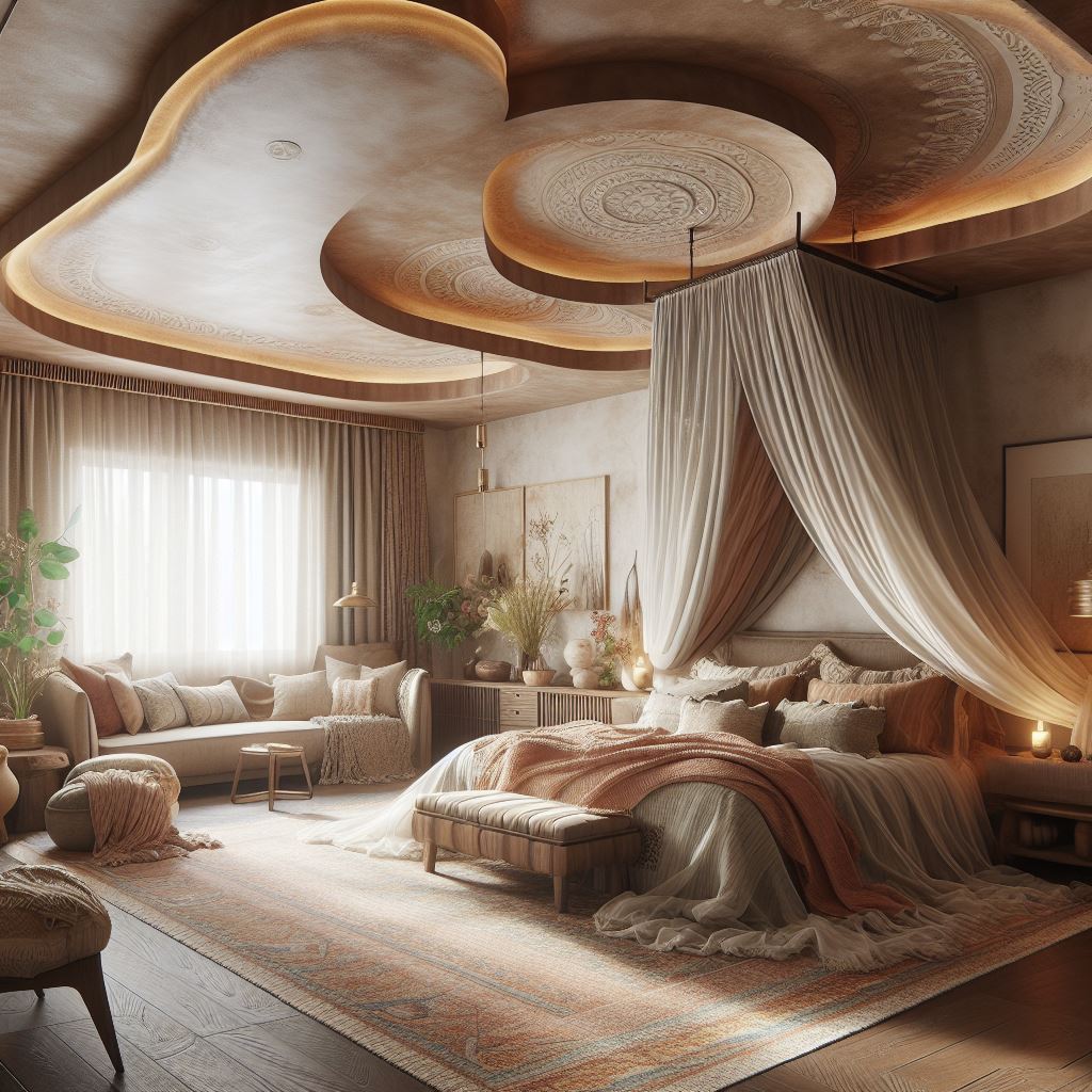 A bohemian master bedroom with a uniquely shaped tray ceiling that incorporates curves and asymmetrical lines, reflecting a free-spirited aesthetic. The ceiling should have a textured finish, like Venetian plaster, in warm, earthy tones. Include a canopy bed draped with sheer, flowing fabrics, eclectic furniture, and a mix of patterns and textures in the bedding and rugs to complete the boho vibe.