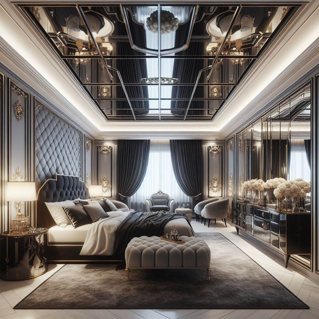 A luxurious master bedroom with a mirrored tray ceiling that reflects the opulence of the room below. The mirrored surface should add depth and a touch of glamour, complementing the room's sophisticated color scheme of blacks, whites, and metallics. Include a statement headboard, elegant furnishings, and plush textiles to enhance the luxurious feel.