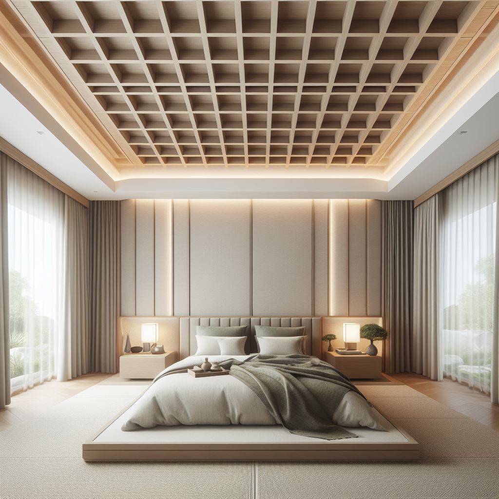A zen-inspired master bedroom with a simple, yet elegant tray ceiling that incorporates natural elements. The ceiling should feature wooden beams in a lattice pattern, creating a tranquil, open feel. The room should have a minimalist aesthetic with a low platform bed, soft, natural fabrics, and a color palette inspired by nature, including greens, browns, and beiges, to promote relaxation and peace.