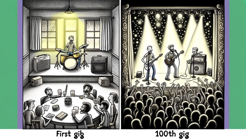 A humorous comparison of a band's first gig versus their 100th gig. The first panel illustrates a group of enthusiastic but slightly awkward musicians playing to a nearly empty room, with only a few scattered attendees showing mild interest. The setting is humble, with simple equipment and a small stage. The second panel transforms the scene to show the same band, now exuding polished confidence and style, performing to a packed venue with fans cheering wildly. The atmosphere is electric, with elaborate lighting and a vibrant crowd fully engaged in the music. This image captures the journey of growth and success, showcasing the contrast between humble beginnings and achieving stardom.