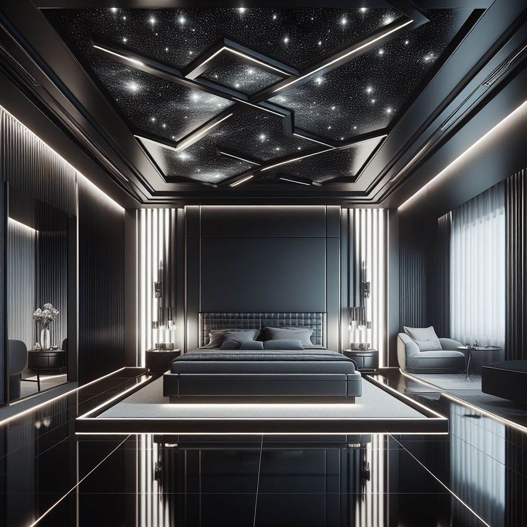 A futuristic master bedroom with a high-gloss, black tray ceiling that reflects a sophisticated, cutting-edge design. The ceiling should feature recessed lighting in a geometric pattern, creating a starry night effect. The room should include a state-of-the-art platform bed with built-in technology, sleek metallic accents, and furniture that embodies modern minimalism with a monochromatic color scheme.