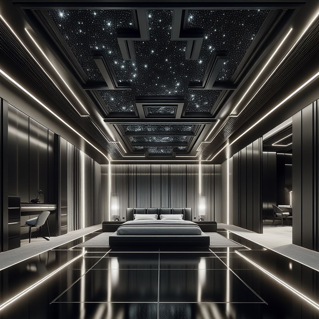 A futuristic master bedroom with a high-gloss, black tray ceiling that reflects a sophisticated, cutting-edge design. The ceiling should feature recessed lighting in a geometric pattern, creating a starry night effect. The room should include a state-of-the-art platform bed with built-in technology, sleek metallic accents, and furniture that embodies modern minimalism with a monochromatic color scheme.