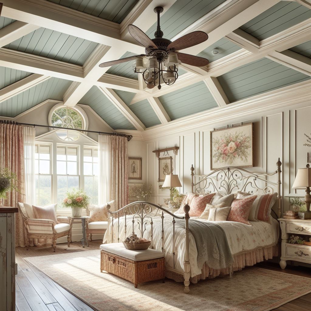 A cottage-style master bedroom with a vaulted tray ceiling painted in a soft, pastel hue to enhance the room's cozy and inviting atmosphere. The ceiling should feature exposed wooden beams painted in white to contrast with the pastel color. Include a charming, wrought iron bed, vintage floral patterns on the bedding and curtains, and distressed wooden furniture to complete the cottage look.