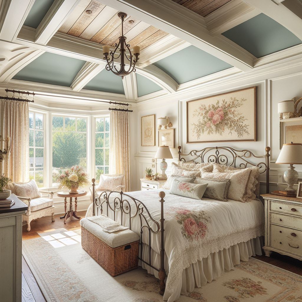 A cottage-style master bedroom with a vaulted tray ceiling painted in a soft, pastel hue to enhance the room's cozy and inviting atmosphere. The ceiling should feature exposed wooden beams painted in white to contrast with the pastel color. Include a charming, wrought iron bed, vintage floral patterns on the bedding and curtains, and distressed wooden furniture to complete the cottage look.