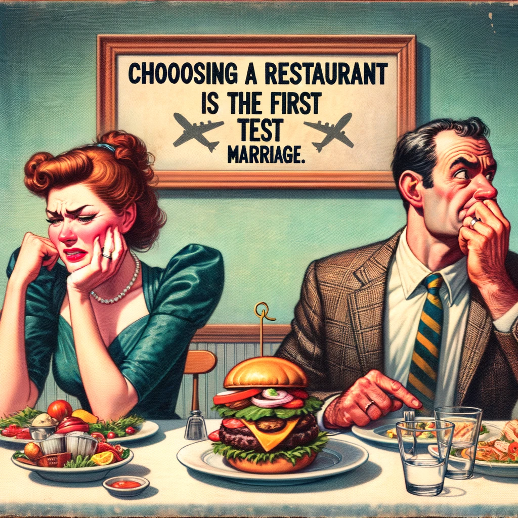 A humorous image of a married couple trying to decide what to eat for dinner, with the caption, "Choosing a restaurant is the first test of marriage."