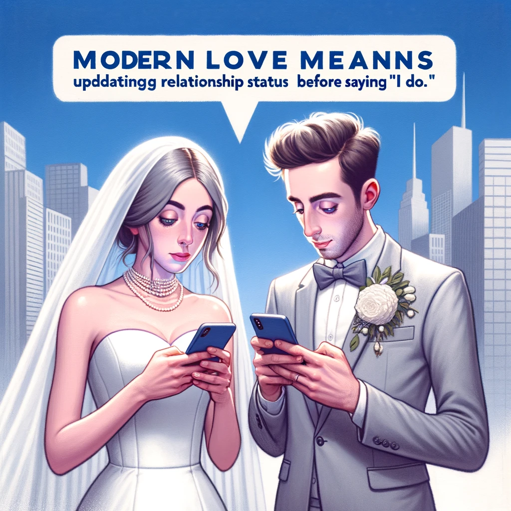 An image of a couple on their wedding day looking at their phones instead of each other, with the caption, "Modern love means updating your relationship status before saying 'I do.'"