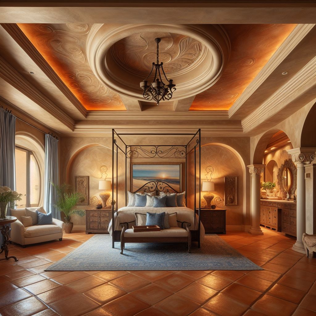 A Mediterranean-inspired master bedroom with a textured tray ceiling finished in warm, earthy stucco to evoke the feel of a seaside villa. The ceiling should have recessed lighting to softly illuminate the room, highlighting its rustic elegance. Include a wrought-iron four-poster bed, terracotta floor tiles, and furnishings in shades of blue and white to complement the Mediterranean vibe.