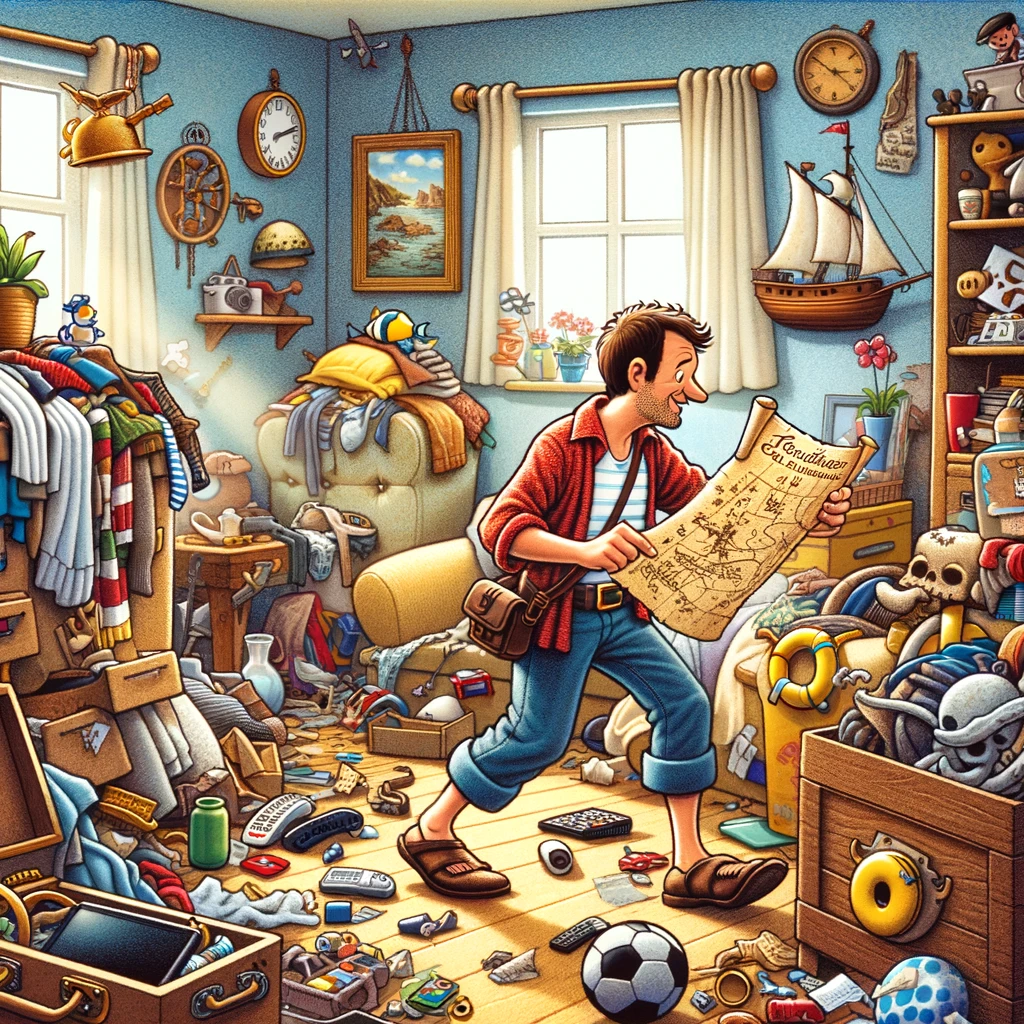 A whimsical image of a husband using a treasure map to find something in a cluttered house, with the caption, "The quest for the remote control: a husband's greatest adventure."