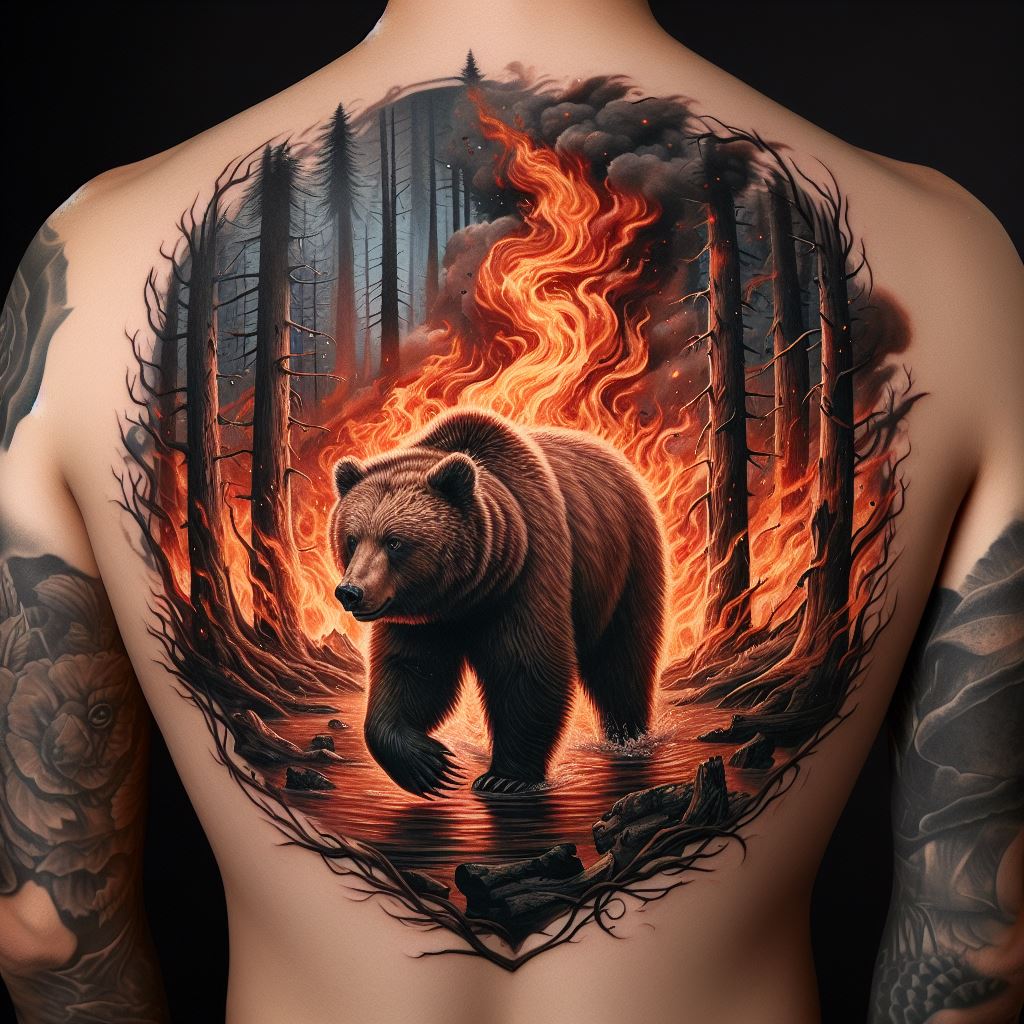 A full-back tattoo that illustrates a bear amid a raging forest fire, emerging unscathed. The background is a dynamic scene of flames and smoke, with the bear calmly walking forward, symbolizing endurance and rebirth through adversity. This impactful design highlights the bear's survival instincts and resilience.