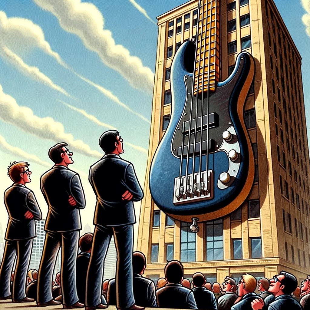 A comically exaggerated image showing a scene where the bassist presents a song to the band, featuring a bass guitar that's as tall as a building. The rest of the band looks up at it in awe, their expressions a mix of surprise and admiration, while the bassist stands proudly beside it with a 'told you so' expression. This playful depiction exaggerates the moment, highlighting the surprise and novelty of a bassist stepping into a creative spotlight, usually reserved for vocalists or lead guitarists. The scene is set against a backdrop that suggests they're outside, possibly in a cityscape, to accommodate the towering instrument's scale.