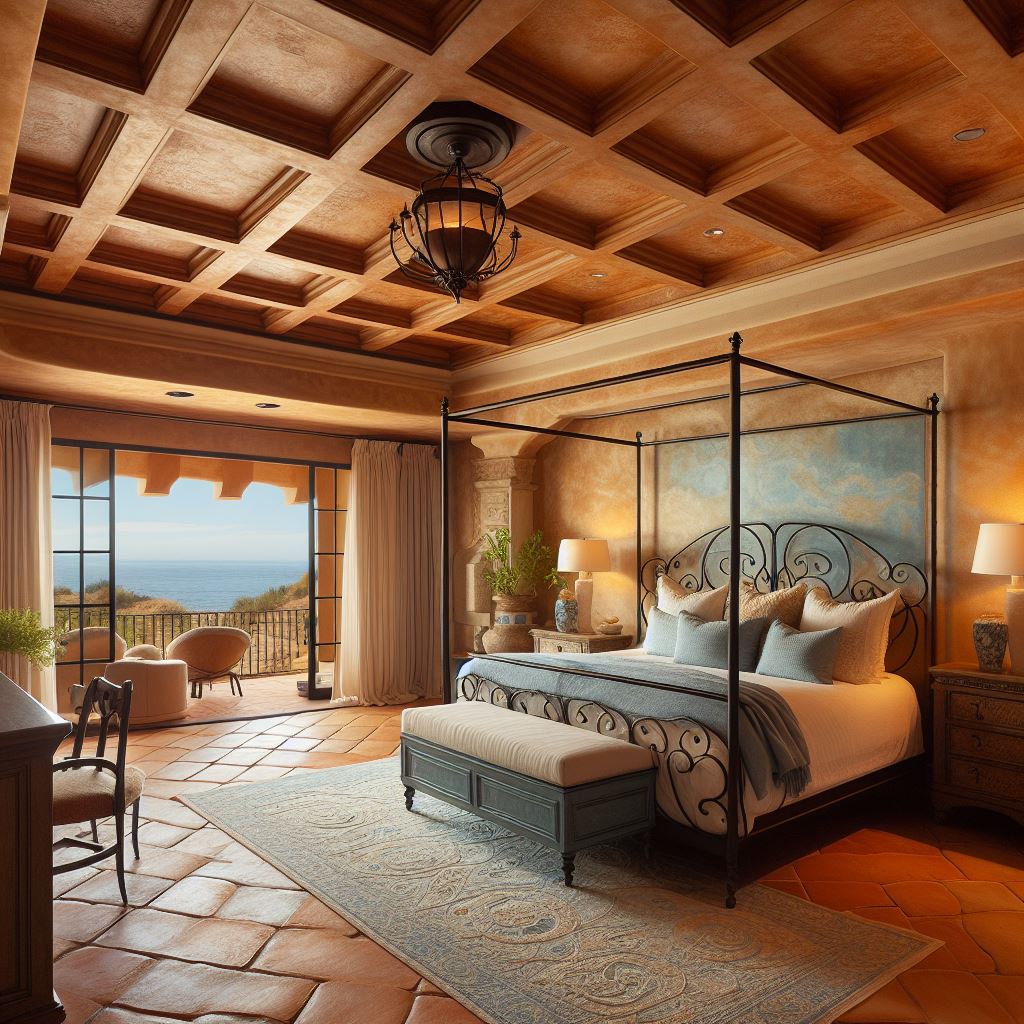 A Mediterranean-inspired master bedroom with a textured tray ceiling finished in warm, earthy stucco to evoke the feel of a seaside villa. The ceiling should have recessed lighting to softly illuminate the room, highlighting its rustic elegance. Include a wrought-iron four-poster bed, terracotta floor tiles, and furnishings in shades of blue and white to complement the Mediterranean vibe.