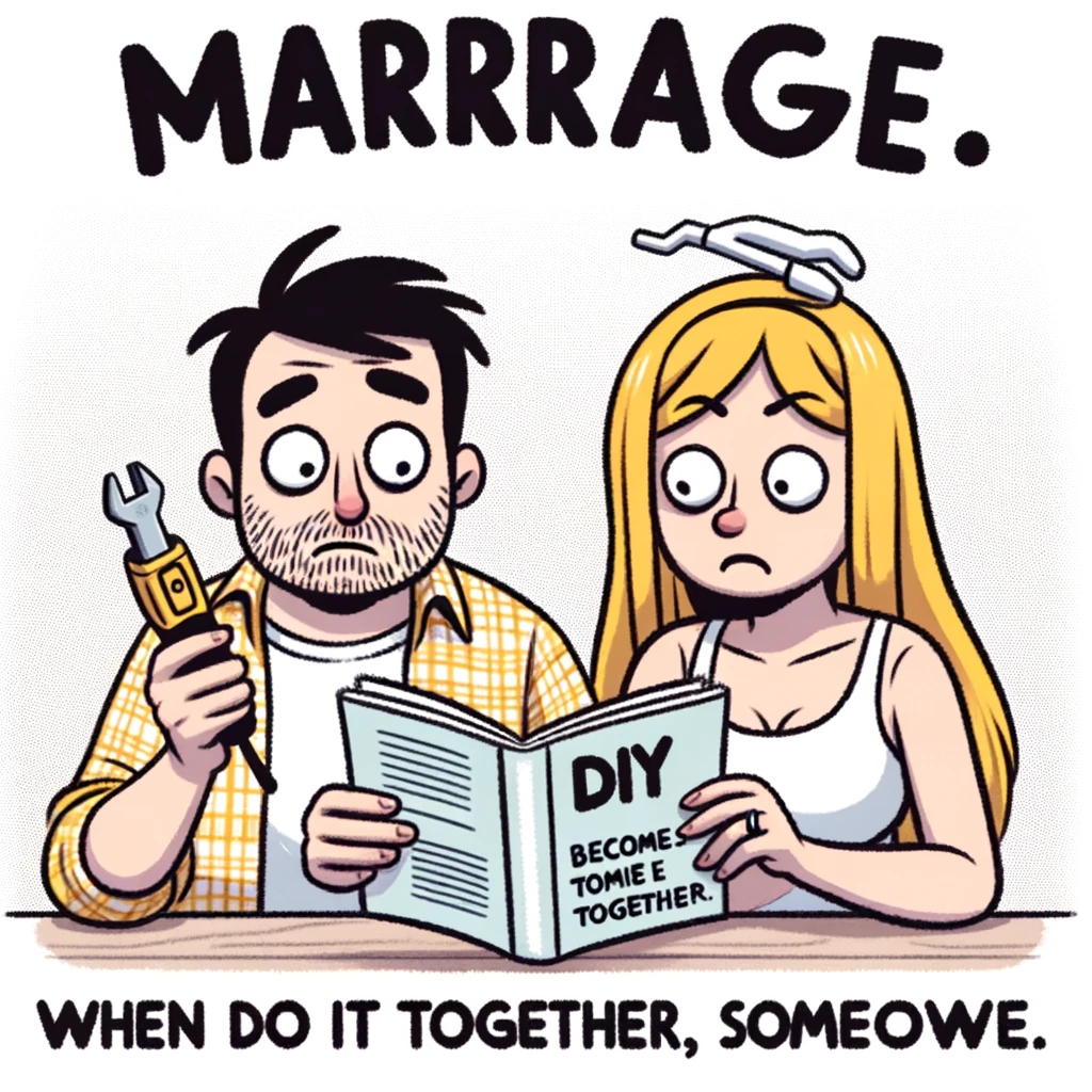 An image of a couple doing DIY home improvement together, looking confused and holding a manual upside down, with the caption, "Marriage: when DIY becomes 'Do It Together, Somehow.'"