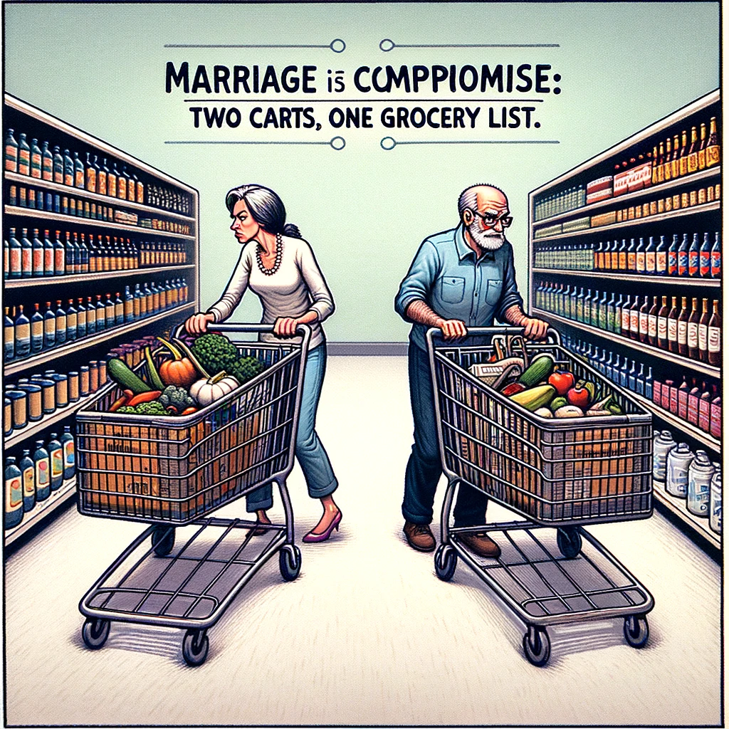 An image of a couple in a grocery store, each pulling a shopping cart in opposite directions, with the caption, "Marriage is about compromise: two carts, one grocery list."