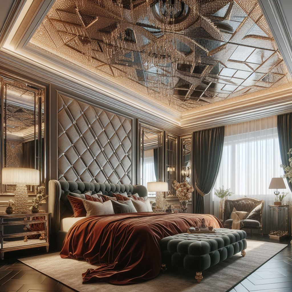 A glamorous master bedroom with a diamond-patterned tray ceiling that adds a touch of luxury and sophistication. The ceiling should have inset crystals that catch the light, creating a dazzling effect. The room should be furnished with a plush velvet bed, mirrored furniture, and opulent textiles in rich jewel tones to complete the glamorous aesthetic.