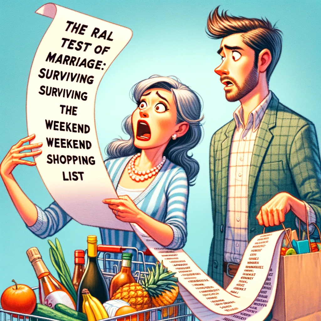 An image of a wife handing her husband a long shopping list, while he looks shocked, with the caption, "The real test of marriage: Surviving the weekend shopping list."