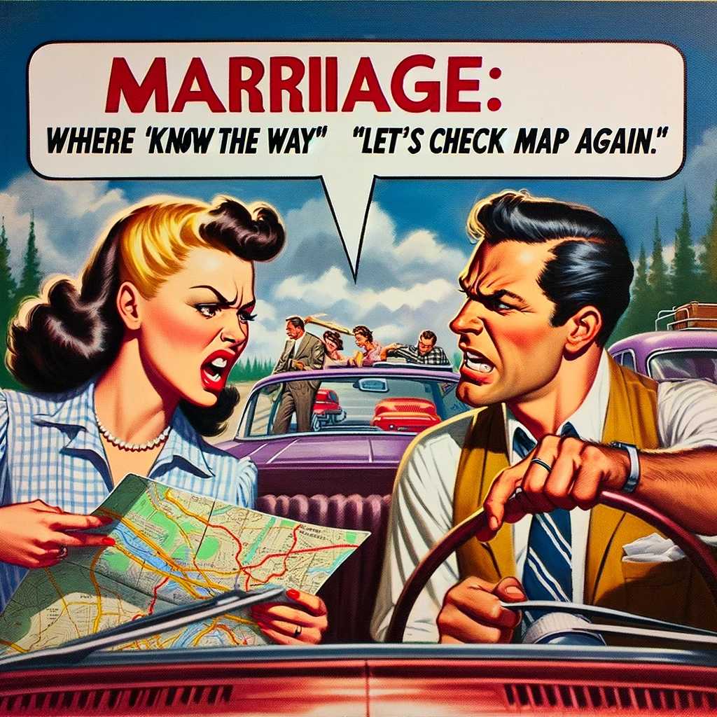 An image of a couple arguing over a map during a road trip, with the caption, "Marriage: where 'I know the way' meets 'Let's check the map again.'"