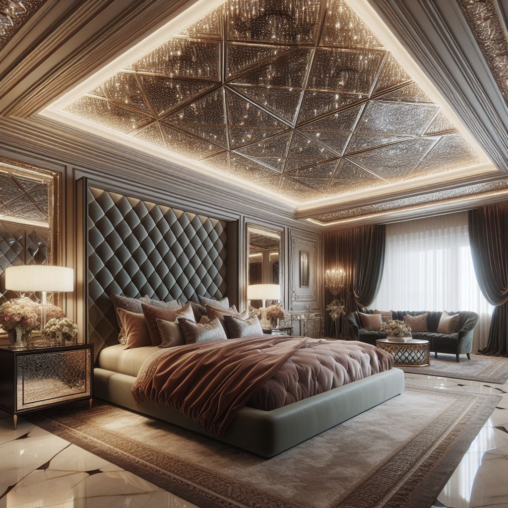 A glamorous master bedroom with a diamond-patterned tray ceiling that adds a touch of luxury and sophistication. The ceiling should have inset crystals that catch the light, creating a dazzling effect. The room should be furnished with a plush velvet bed, mirrored furniture, and opulent textiles in rich jewel tones to complete the glamorous aesthetic.