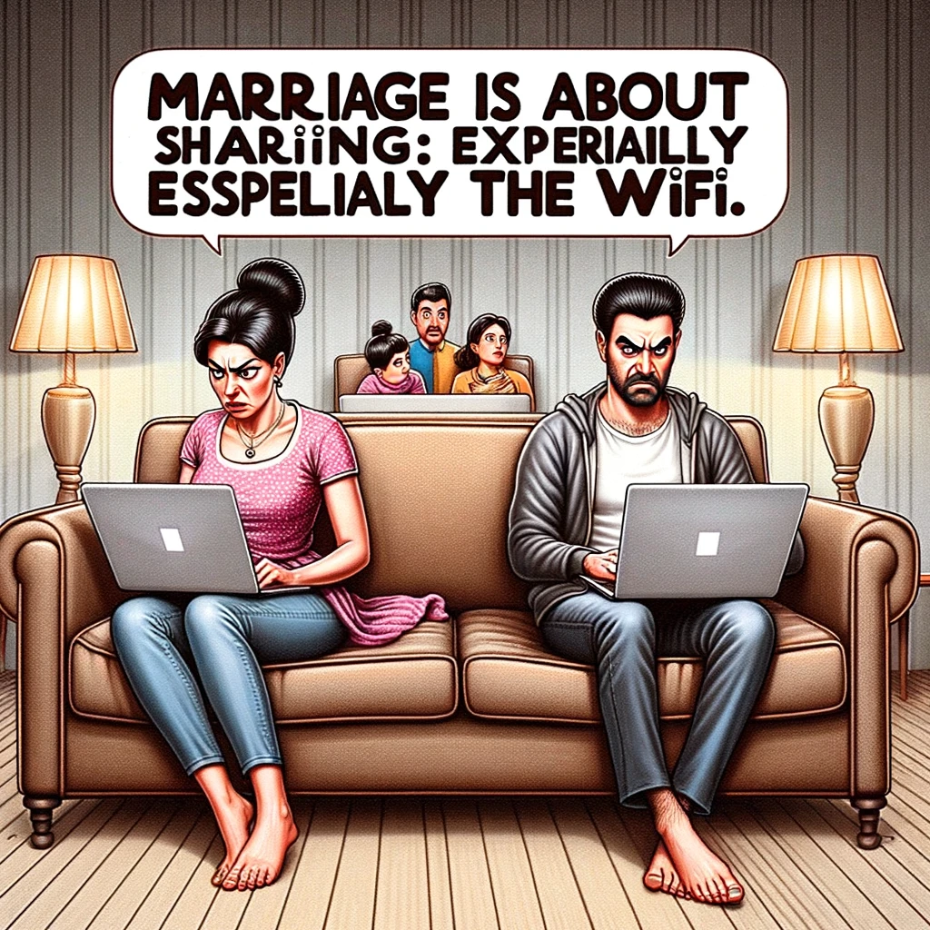 A funny image of a couple sitting on the sofa, each with a laptop, in a silent battle over the WiFi bandwidth, with the caption, "Marriage is about sharing: especially the WiFi."