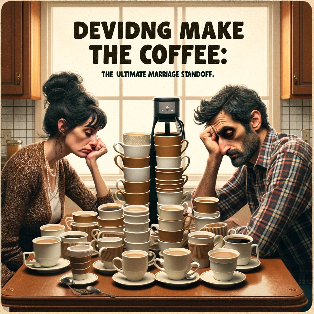 An image of a couple sitting at a kitchen table with multiple coffee cups, looking exhausted, with the caption, "Deciding who makes the coffee: The ultimate marriage standoff."
