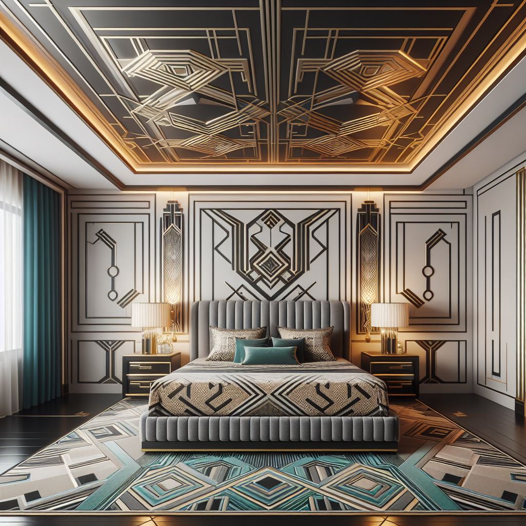 An art deco-inspired master bedroom with a tray ceiling featuring bold, geometric shapes and metallic accents to reflect the iconic style of the era. The ceiling should be painted in a combination of sleek black, gold, and teal to make a statement. Include a streamlined, upholstered bed, symmetrical nightstands, and vibrant patterns in the decor to echo the art deco theme.