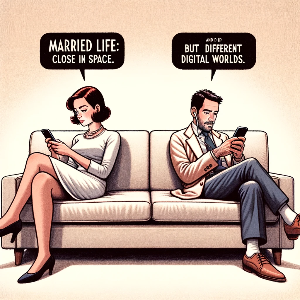 An image of a couple sitting on opposite ends of a long couch, both deeply engrossed in their smartphones, with the caption, "Married life: Close in space, but in different digital worlds."