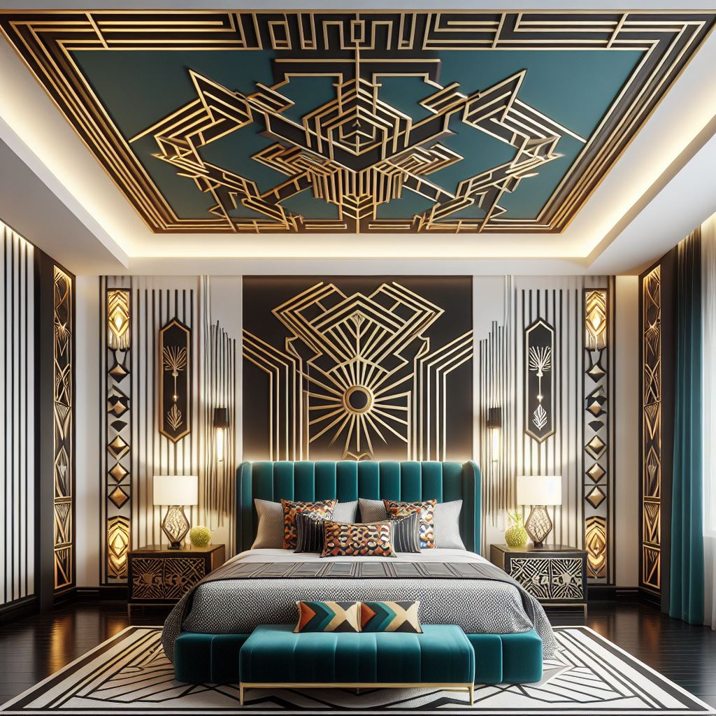 An art deco-inspired master bedroom with a tray ceiling featuring bold, geometric shapes and metallic accents to reflect the iconic style of the era. The ceiling should be painted in a combination of sleek black, gold, and teal to make a statement. Include a streamlined, upholstered bed, symmetrical nightstands, and vibrant patterns in the decor to echo the art deco theme.