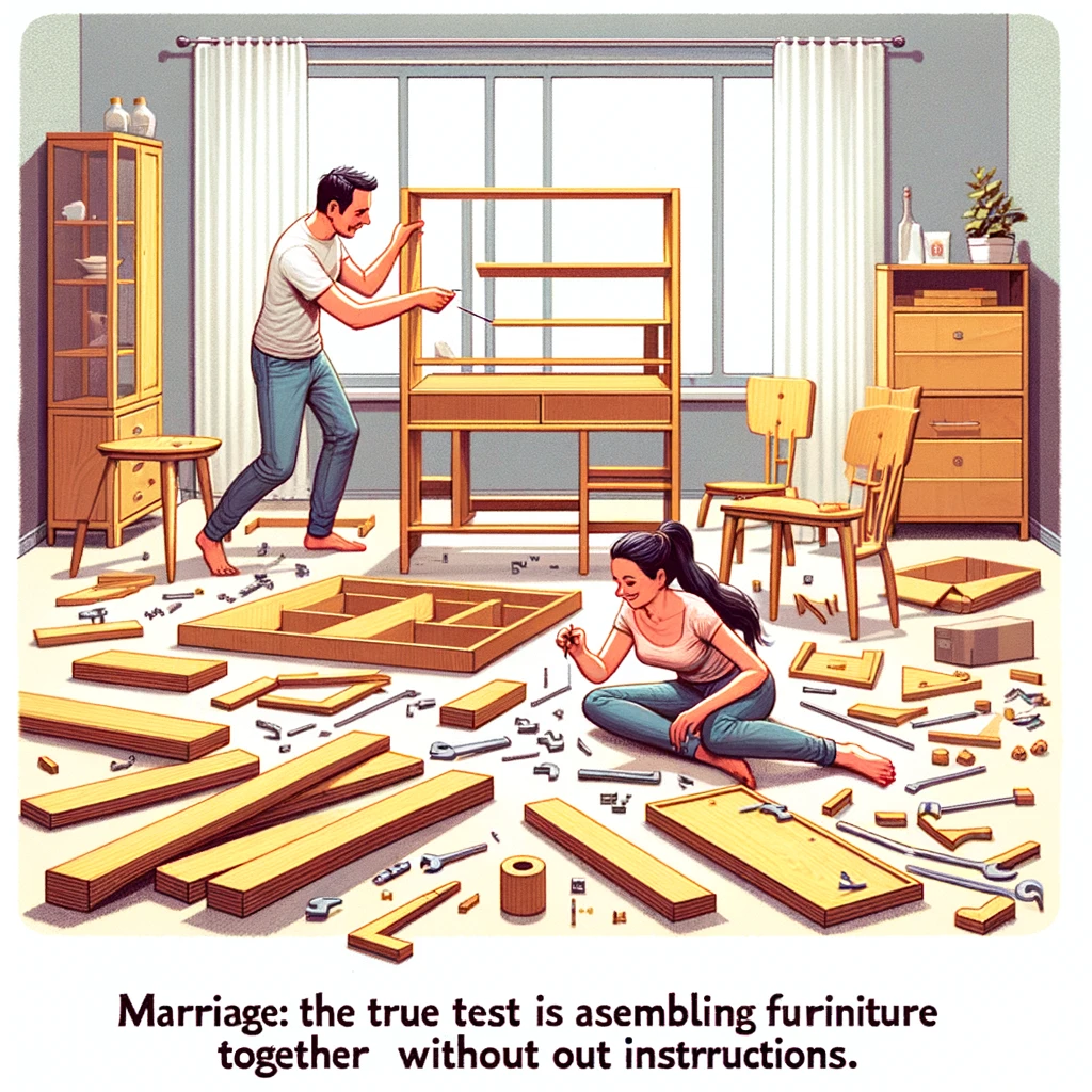 An image of a couple trying to assemble furniture, with pieces scattered all around, and the caption, "Marriage: The true test is assembling furniture together without instructions."