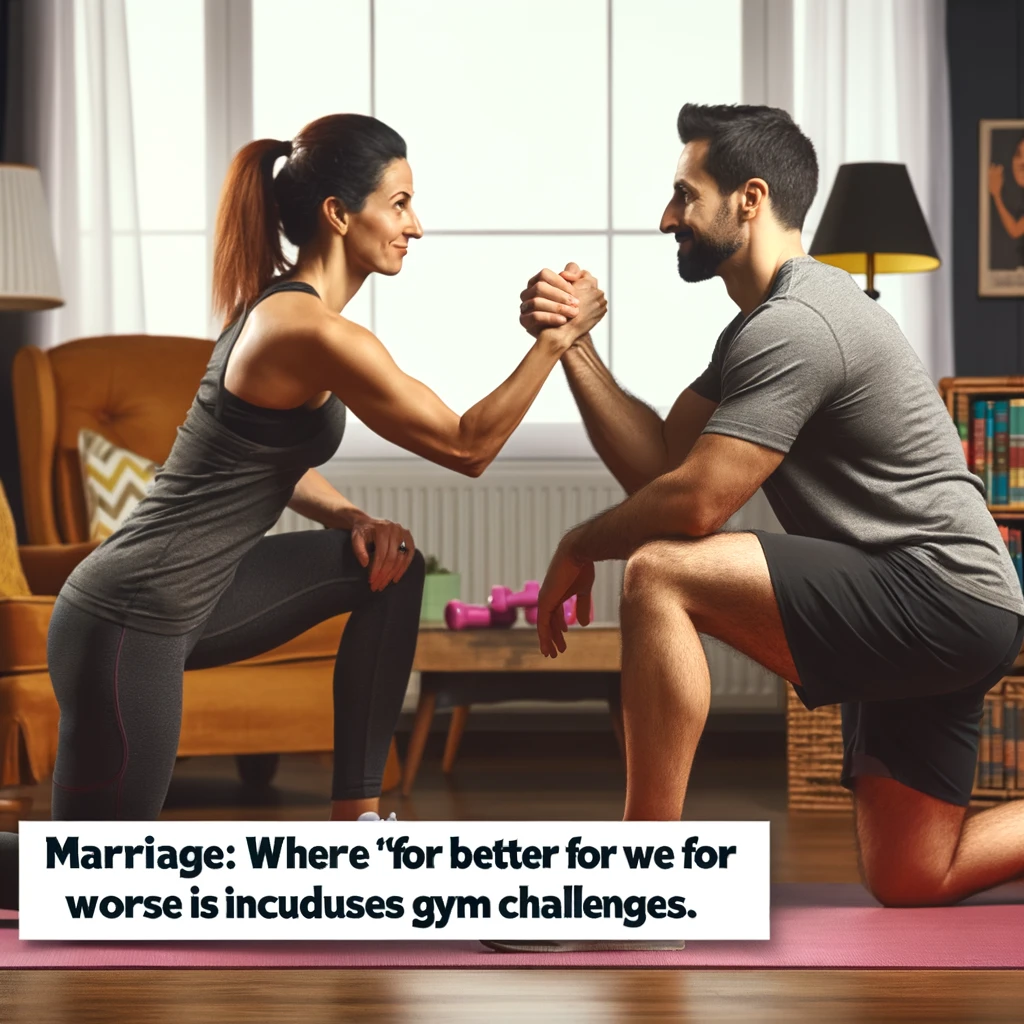 An image of a couple in workout gear, challenging each other to a fitness competition at home, with the caption, "Marriage: Where 'for better or for worse' includes gym challenges."