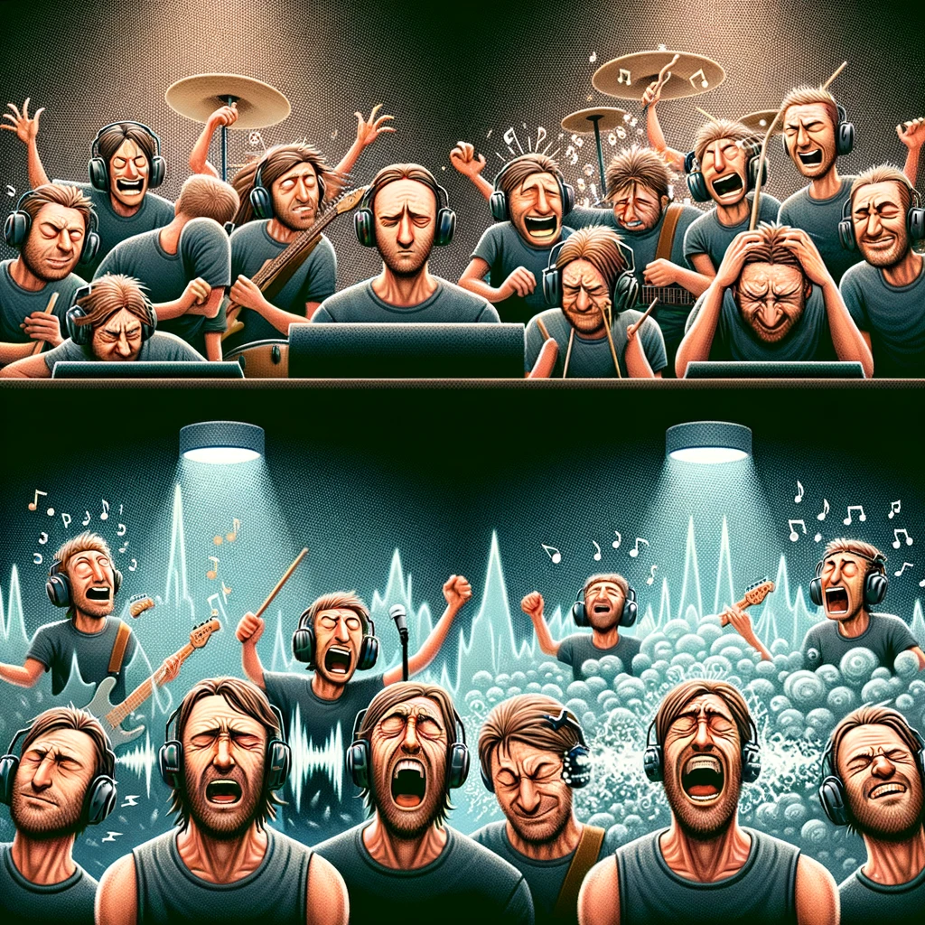 A split image depicting the transformation of a band before and after they start using in-ear monitors. The 'before' panel shows the band members on stage making confused and irritated faces, struggling to hear each other over the ambient noise. The chaos of the scene is highlighted by visible sound waves clashing, and exaggerated expressions of frustration. The 'after' panel contrasts this with a scene of harmony and tranquility; each band member is blissfully playing in perfect sync, with serene smiles and closed eyes, surrounded by a calm aura. This visual metaphor humorously captures the impact of technology on performance, emphasizing the peace it brings to the chaos of live music.