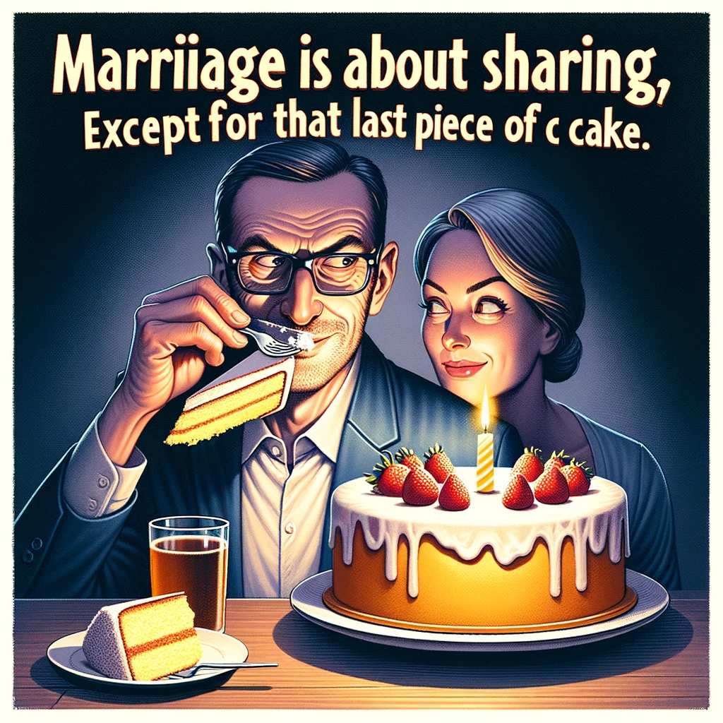 An image of a husband secretly eating a piece of cake in the middle of the night, with the caption, "Marriage is about sharing, except for that last piece of cake."