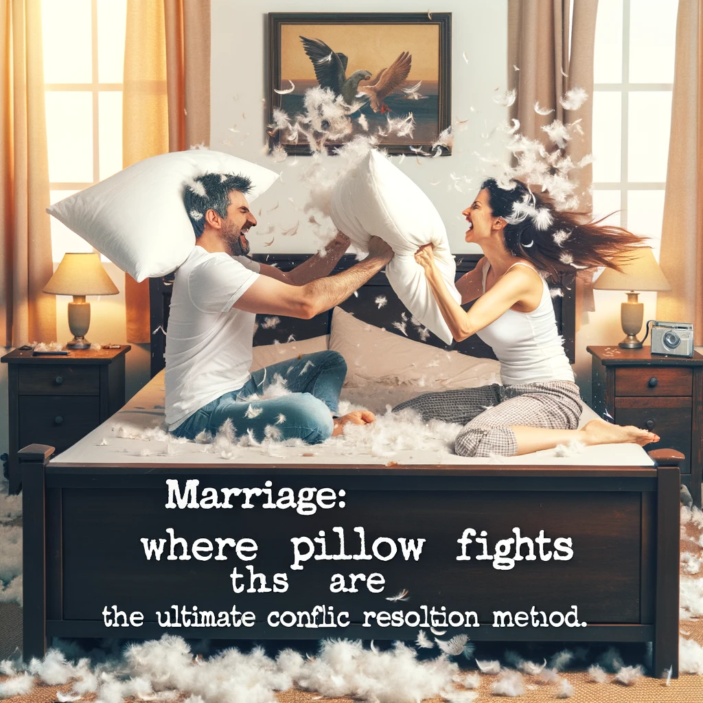 An image of a couple having a pillow fight in their bedroom, with feathers flying everywhere, and the caption, "Marriage: Where pillow fights are the ultimate conflict resolution method."