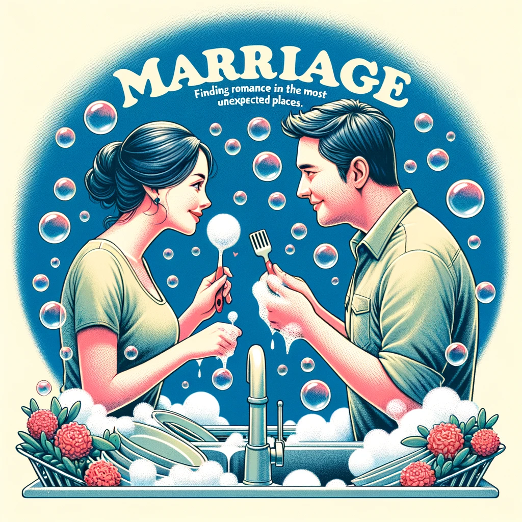 An image of a couple looking at each other lovingly while washing dishes together, surrounded by soap bubbles, with the caption, "Marriage: Finding romance in the most unexpected places."