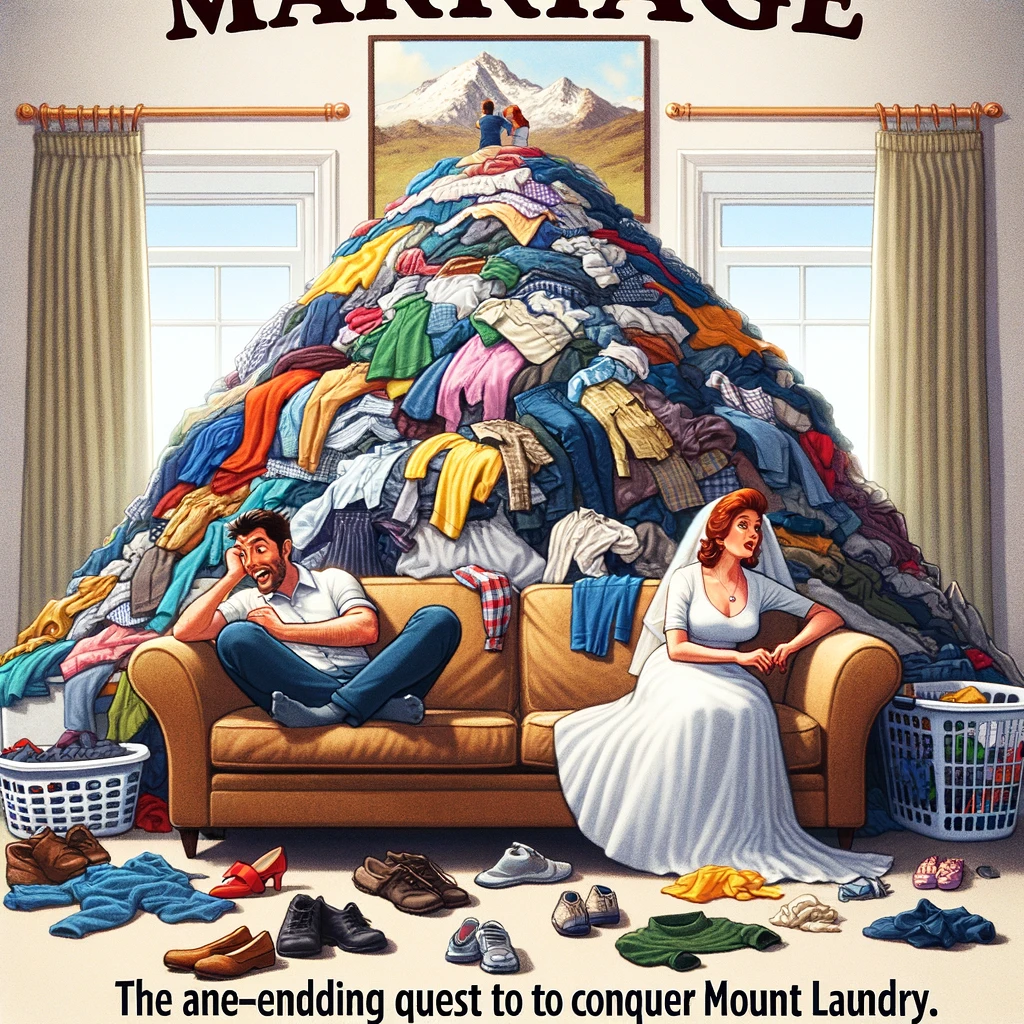 An image of a couple divided by a massive pile of laundry on the sofa, trying to find each other, with the caption, "Marriage: The never-ending quest to conquer Mount Laundry."