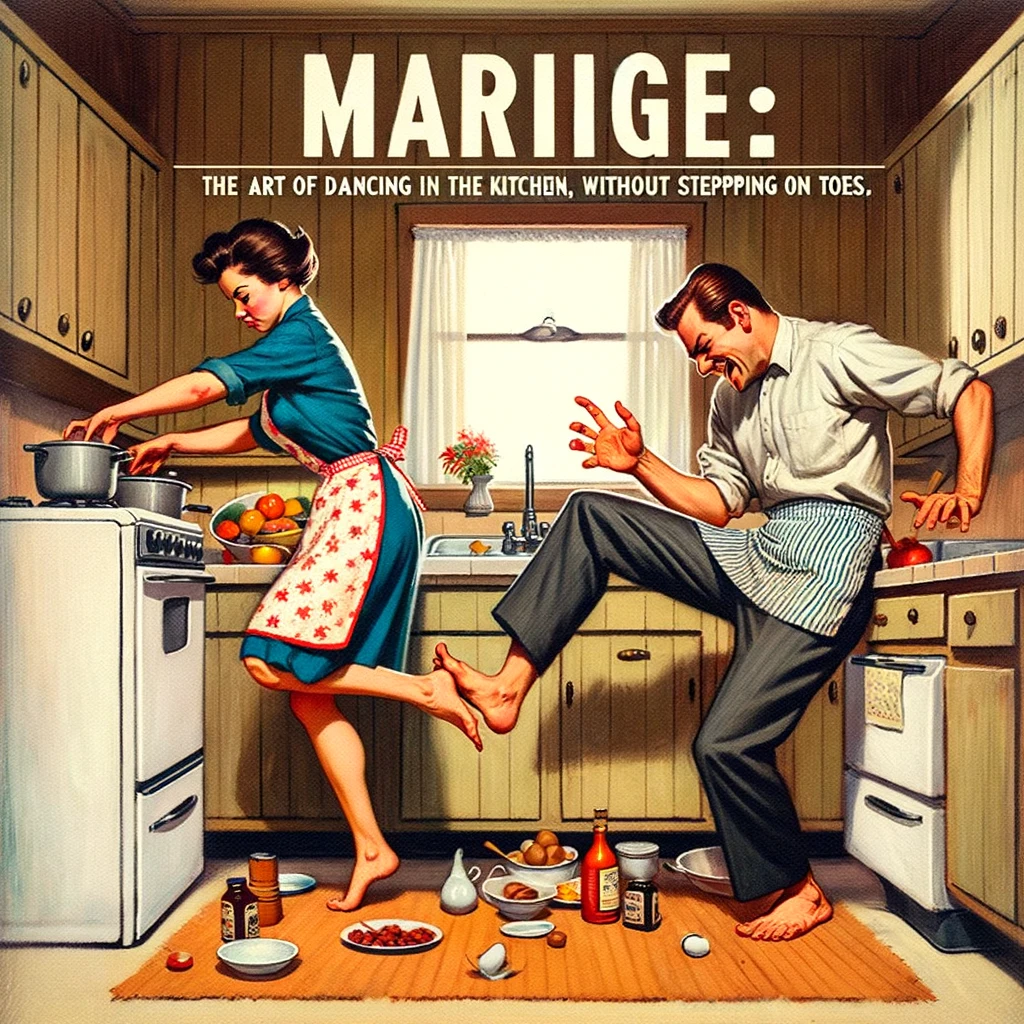 An image of a couple trying to cook together in a small kitchen, bumping into each other, with the caption, "Marriage: The art of dancing in the kitchen, without stepping on toes."