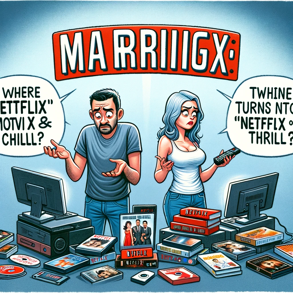 An image of a couple trying to decide on a movie to watch, surrounded by DVDs and streaming devices, with the caption, "Marriage: Where 'Netflix and chill' turns into 'Netflix or Thrill?'"