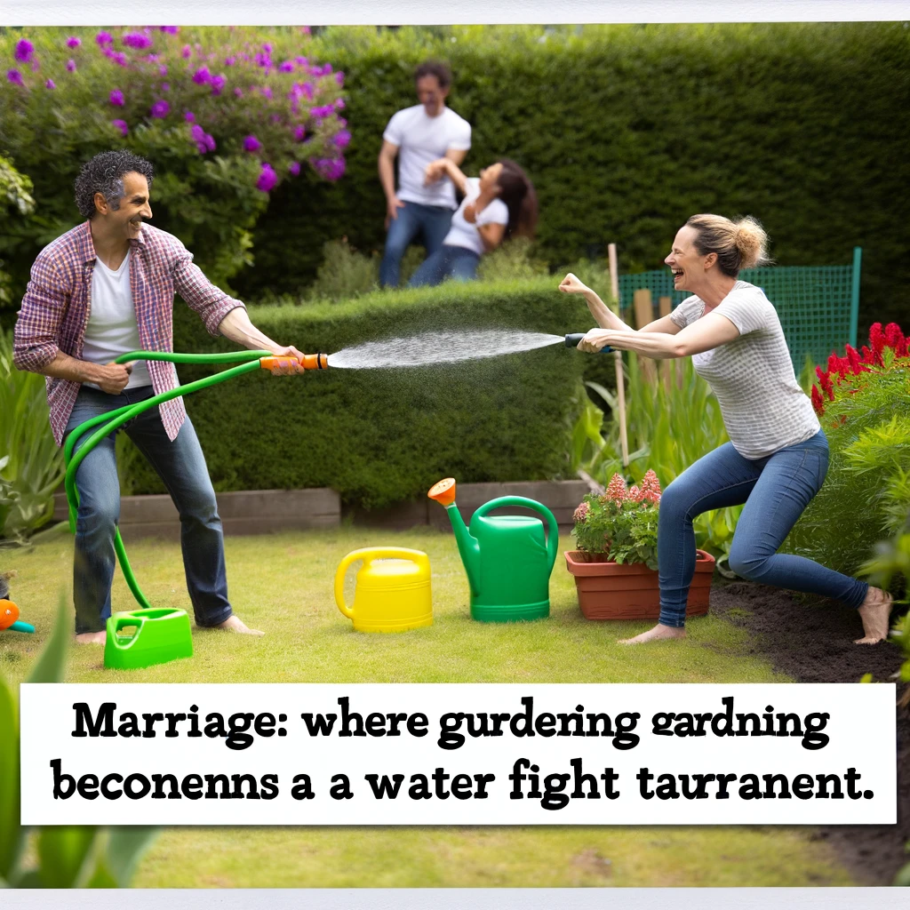 An image of a couple in the garden, playfully fighting over a hose while watering plants, with the caption, "Marriage: Where gardening becomes a water fight tournament."