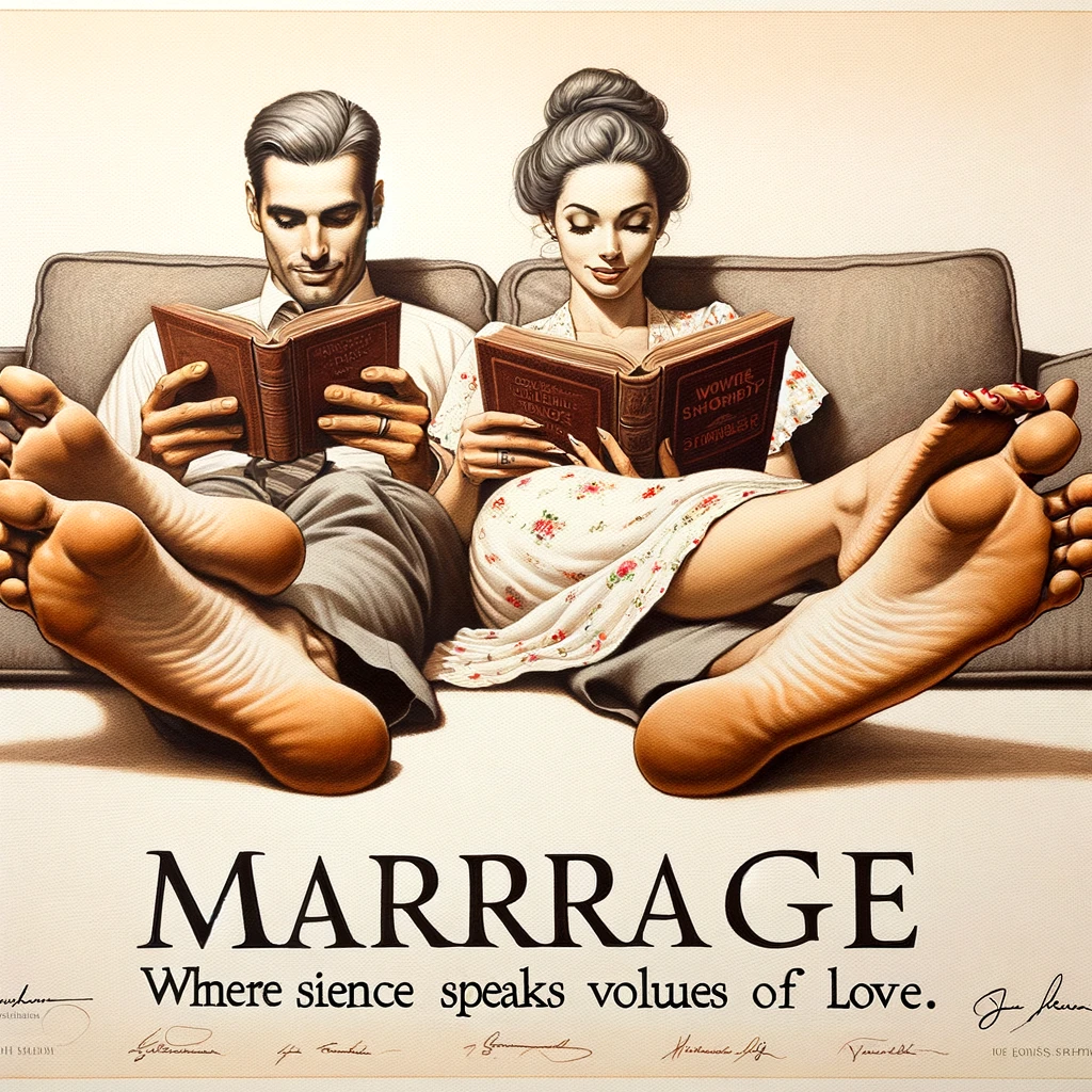 An image of a couple on a couch, each reading a different book, but their feet are intertwined, with the caption, "Marriage: Where silence speaks volumes of love."