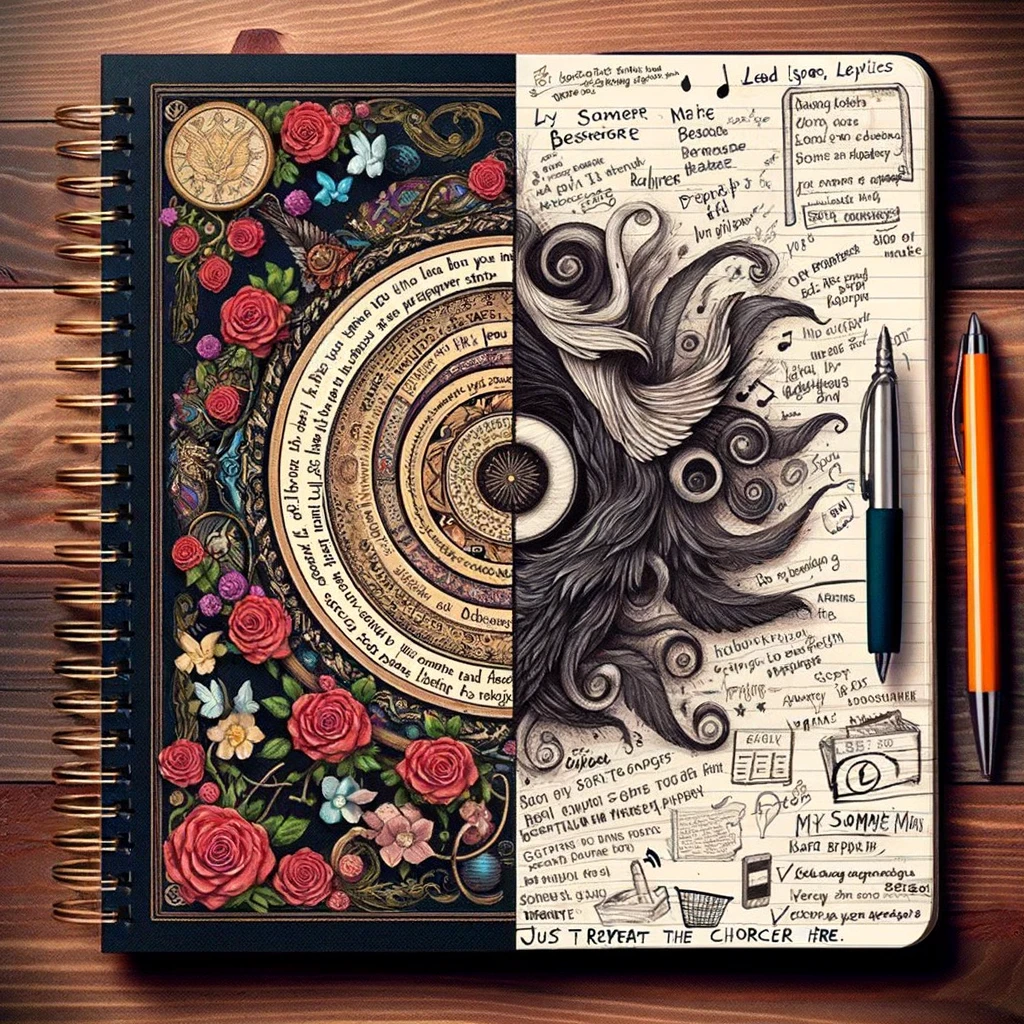 A split image showcasing the contrast between the lead singer's lyrical aspirations and reality. On one side, the image shows a notebook filled with profound, poetic lyrics, suggesting depth and artistry, with elegant handwriting and poetic symbols like roses and quills. The other side of the notebook is a stark contrast, filled with doodles, grocery lists, and casual notes like 'just repeat the chorus here', reflecting a more chaotic and mundane reality of songwriting. This humorous juxtaposition captures the duality of creative processes in music, blending the idealistic vision of songwriting with its more prosaic and humorous aspects.