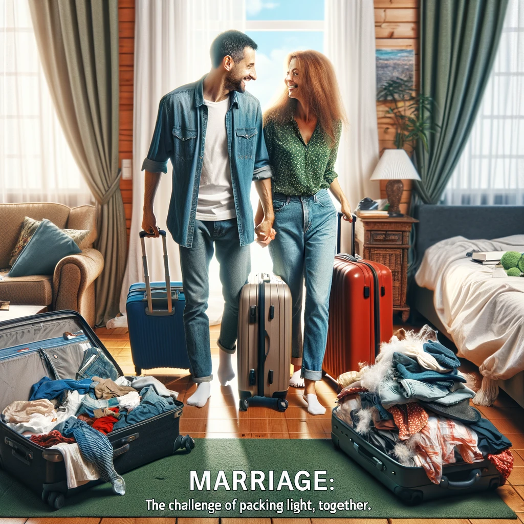 An image of a couple packing for a vacation, with suitcases open and clothes everywhere, and the caption, "Marriage: The challenge of packing light, together."