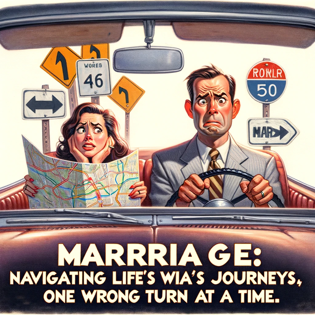 An image of a couple in a car, with the driver looking confused at multiple road signs while the passenger holds a map, with the caption, "Marriage: Navigating life's journeys, one wrong turn at a time."